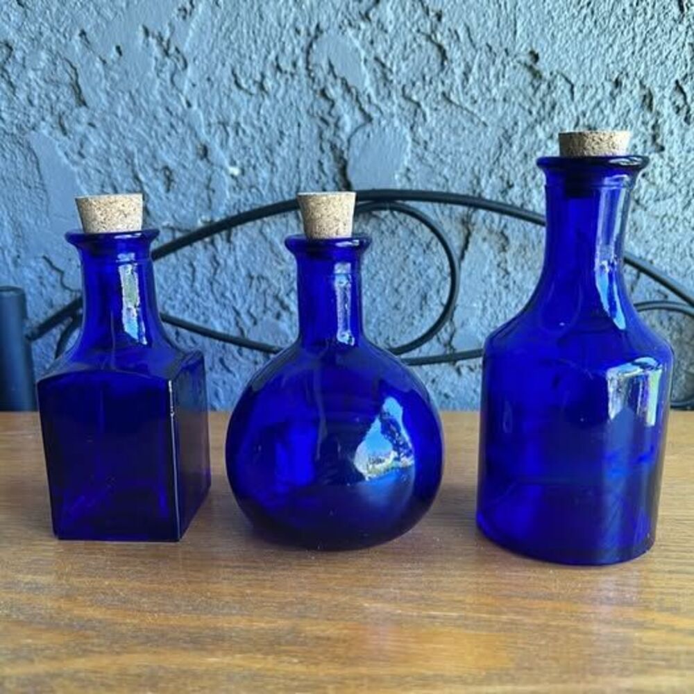Cobalt Blue Glass Apothecary Bottles with Cork Stoppers - Set of 3